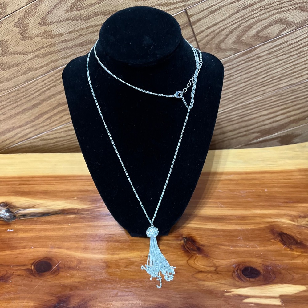 Vtg Silver Tone Long Tassel Necklace Rhinestone Pave Ball Pendant Adjustable